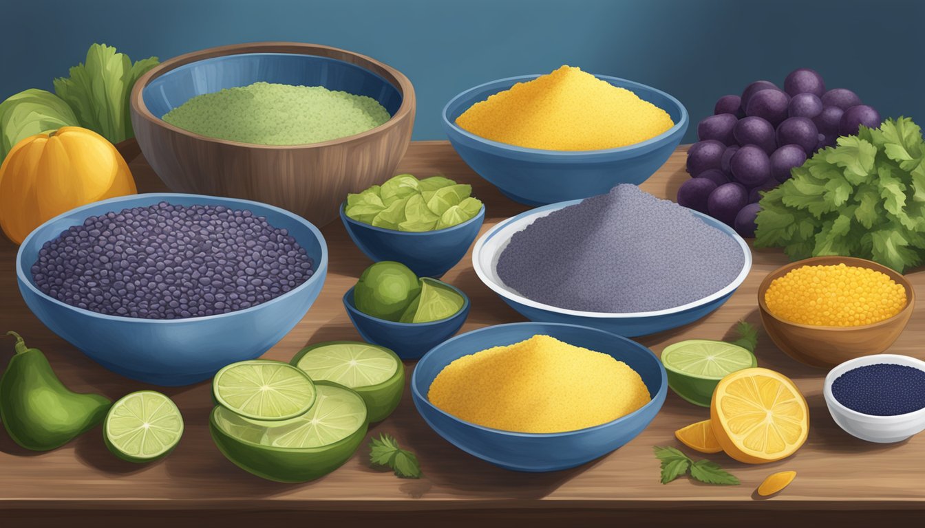 A table set with blue corn tortillas, cornmeal, and various blue-hued fruits and vegetables