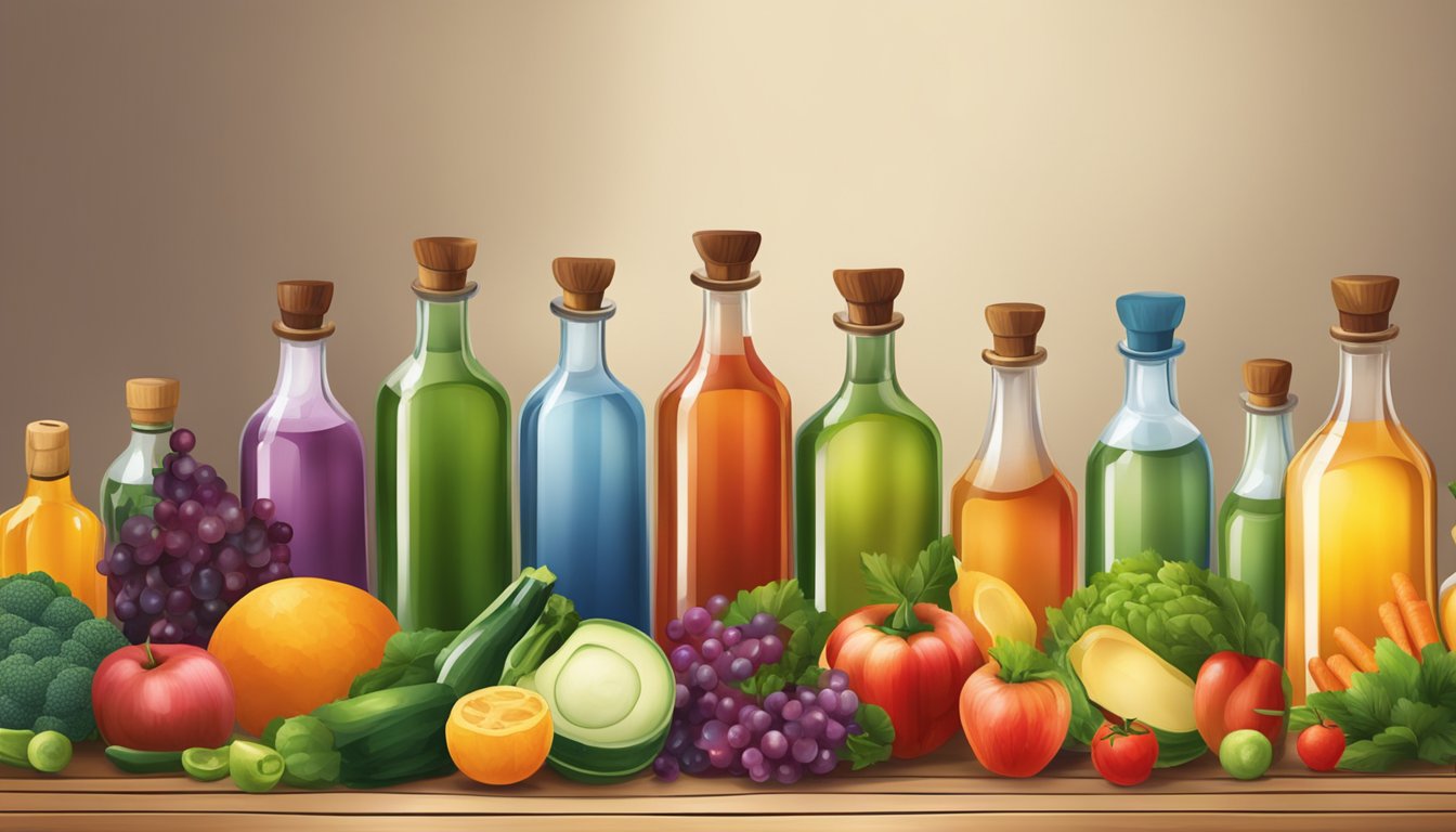 A variety of vinegar bottles arranged on a wooden table, with fruits and vegetables scattered around. A chef's hand reaching for a bottle