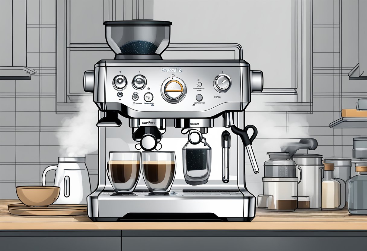 Steam rising from Breville espresso machine, with descaling solution and water reservoir nearby. Empty coffee grounds drawer and steam wand visible