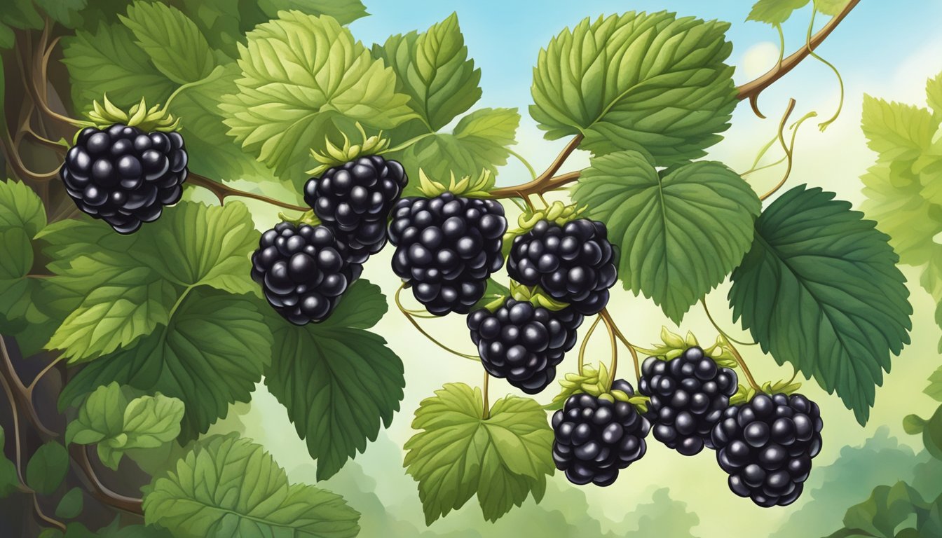 A cluster of ripe blackberries hangs from a thorny vine, surrounded by lush green leaves and dappled sunlight