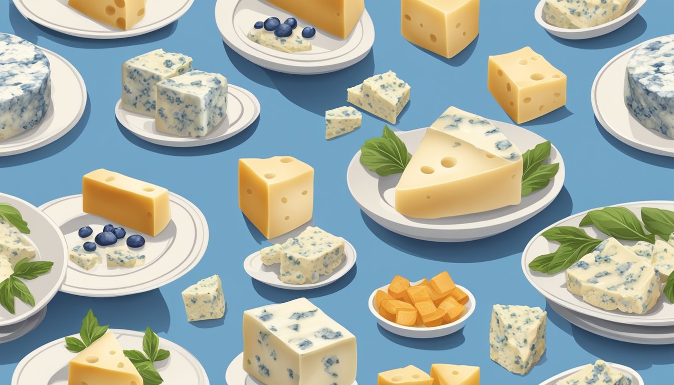 A plate with various blue cheese substitutes, such as gorgonzola, Roquefort, and Stilton, arranged in a visually appealing manner