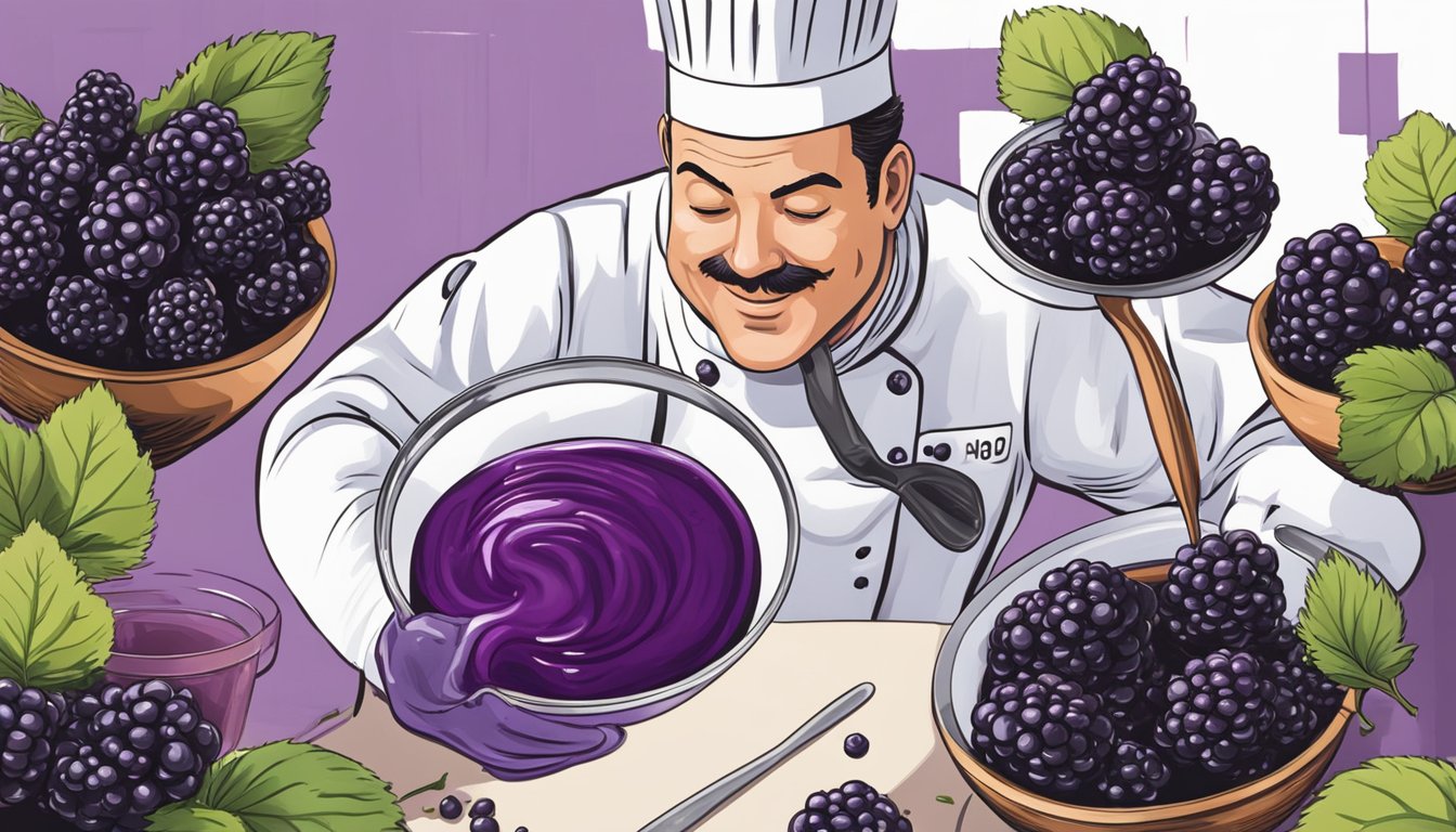 A chef using blackberries to make a vibrant purple sauce for a dessert