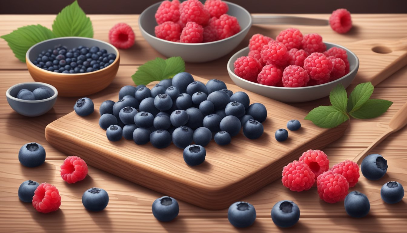 Fresh raspberries and blueberries arranged on a wooden cutting board, surrounded by baking ingredients and utensils