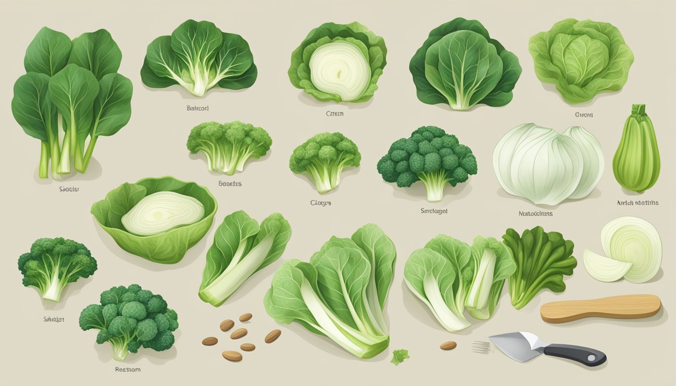 A table with various bok choy substitutes arranged in rows, accompanied by nutritional labels and measuring tools