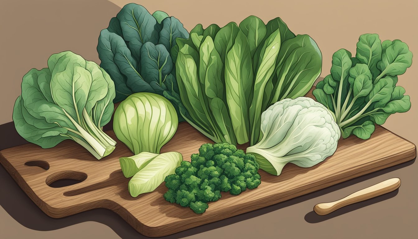 A variety of bok choy substitutes displayed on a wooden cutting board, including kale, Swiss chard, and spinach, showcasing their different flavors and textures