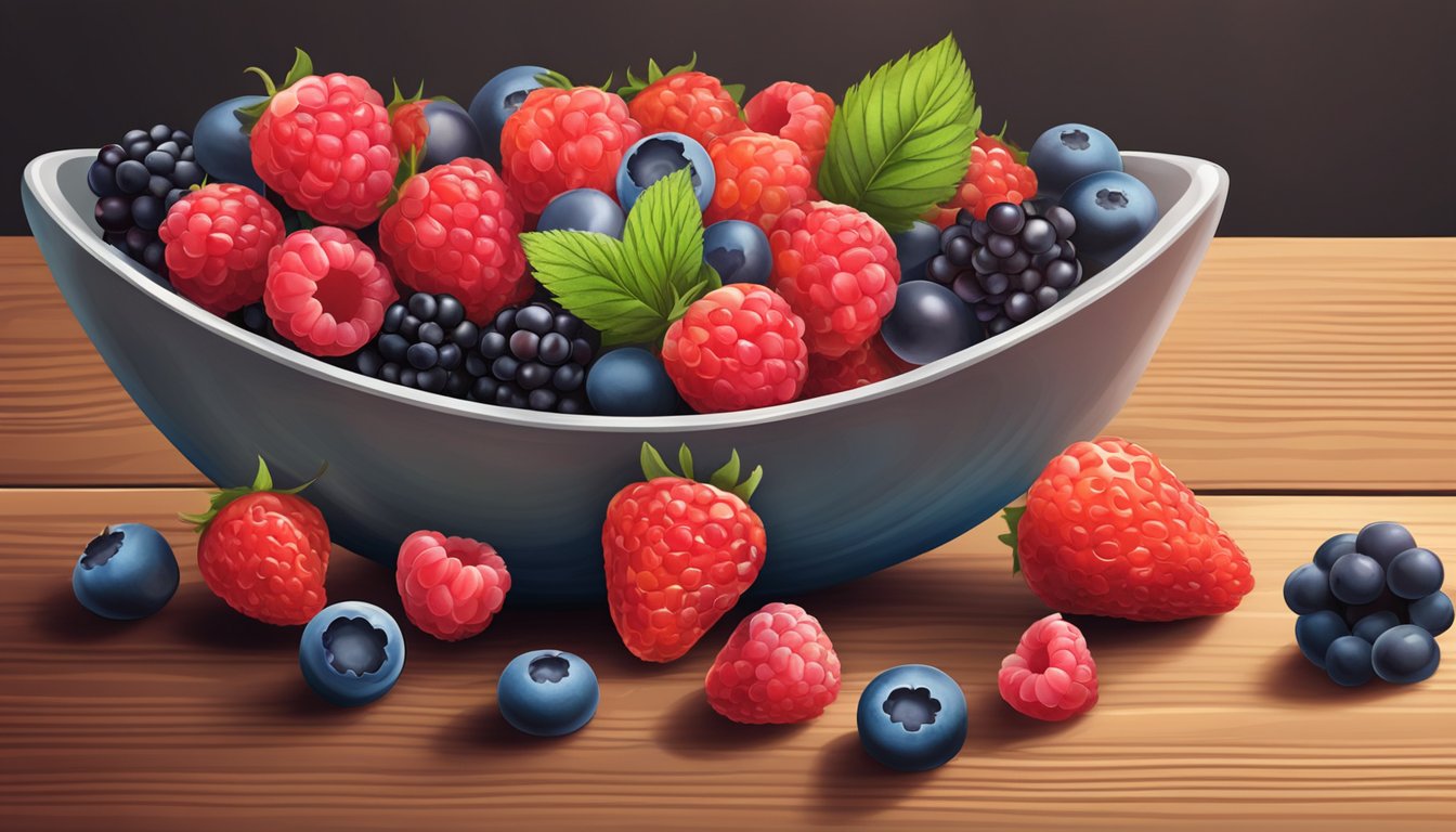 A bowl of mixed berries, including raspberries, blueberries, and strawberries, arranged on a wooden table