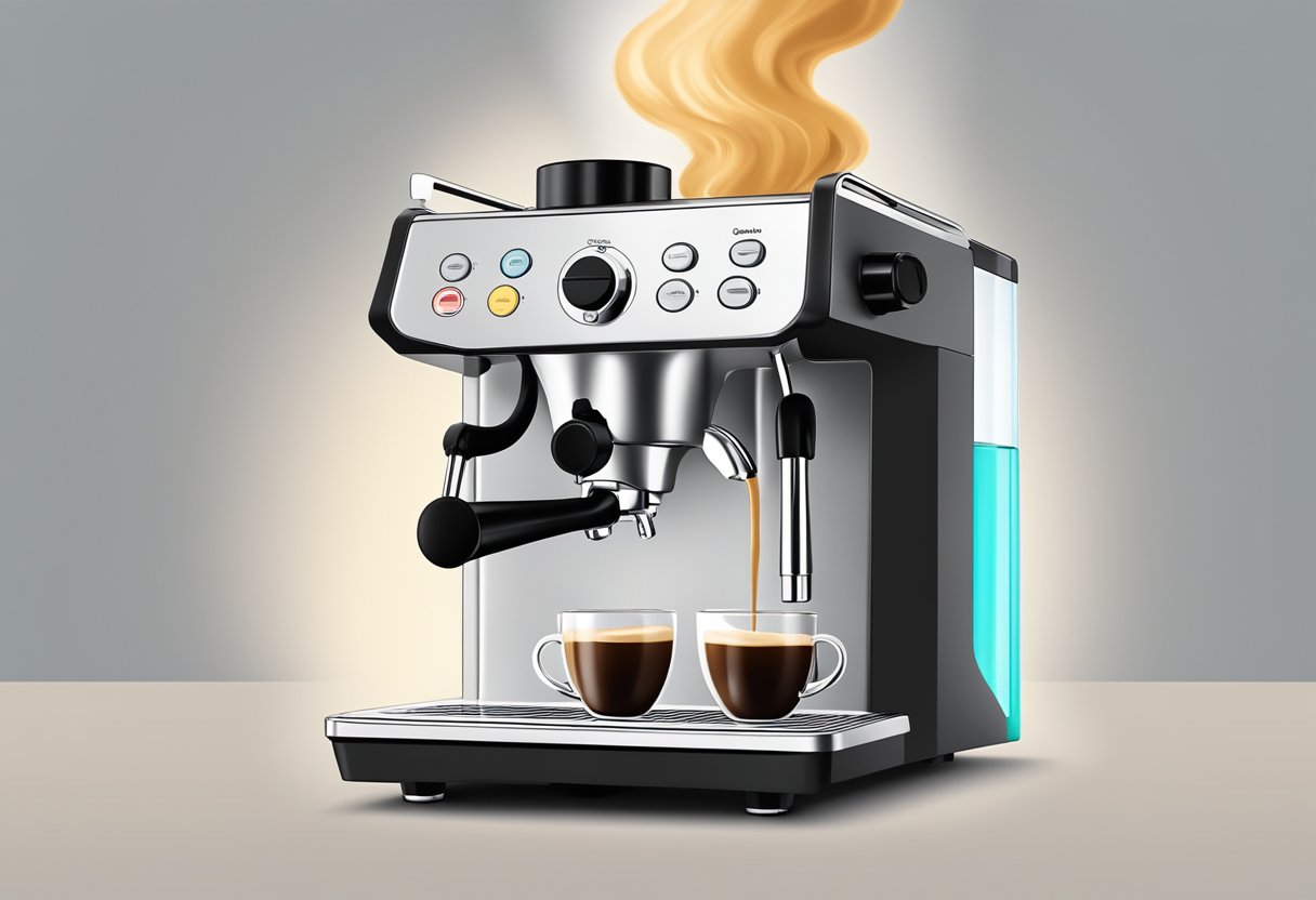 A bag of ground coffee being poured into an espresso machine's portafilter, with steam rising from the machine