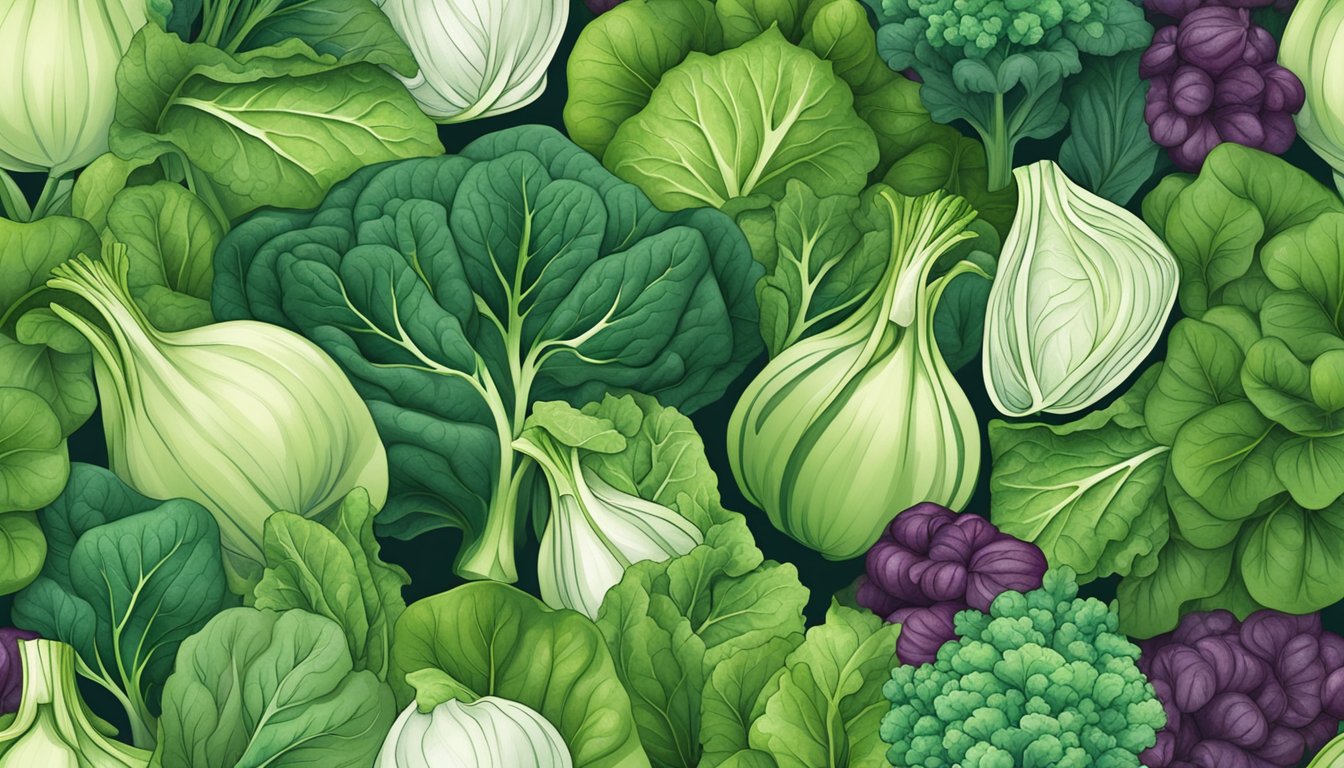 A variety of leafy greens surround a vibrant bunch of bok choy, including spinach, kale, and Swiss chard