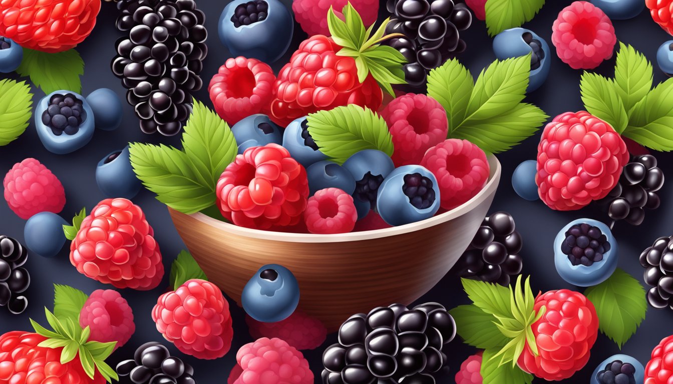 A bowl of mixed berries with blackberries replaced by raspberries