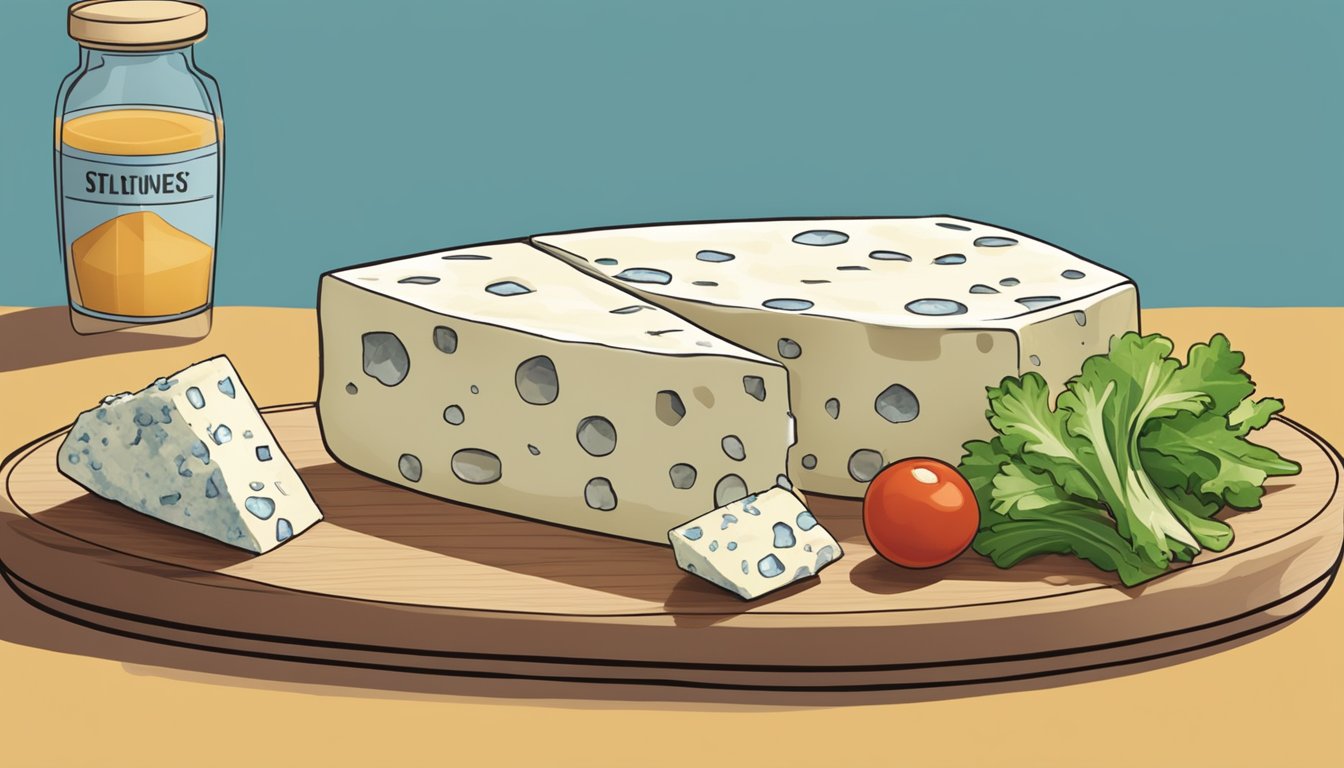 A wedge of blue cheese being replaced by a block of feta on a cutting board, with a dish of salad nearby