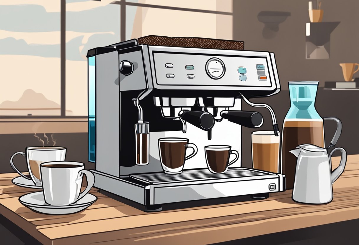 A barista pours ground coffee into an espresso machine while a drip coffee maker drips coffee into a carafe