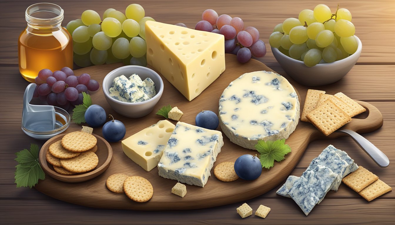 A platter of assorted blue cheese substitutes with crackers, grapes, and honey arranged on a rustic wooden board