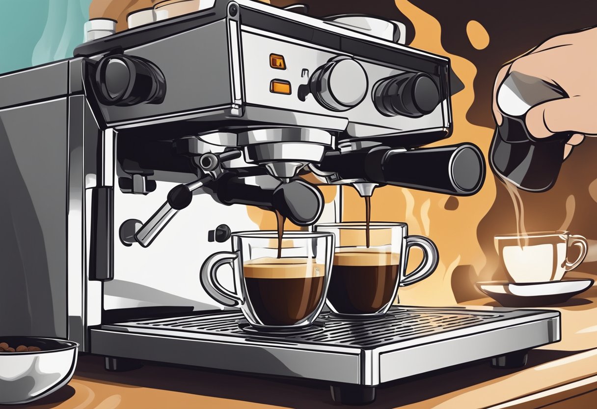 A barista pours ground coffee into an espresso machine, steam rising as the machine brews a rich and aromatic shot of espresso