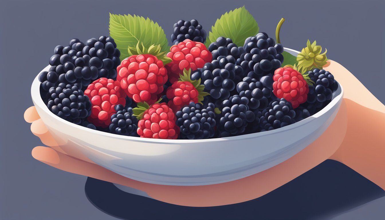 A hand reaching for a bowl of blackberries, with various substitute fruits nearby, such as raspberries, blueberries, and strawberries