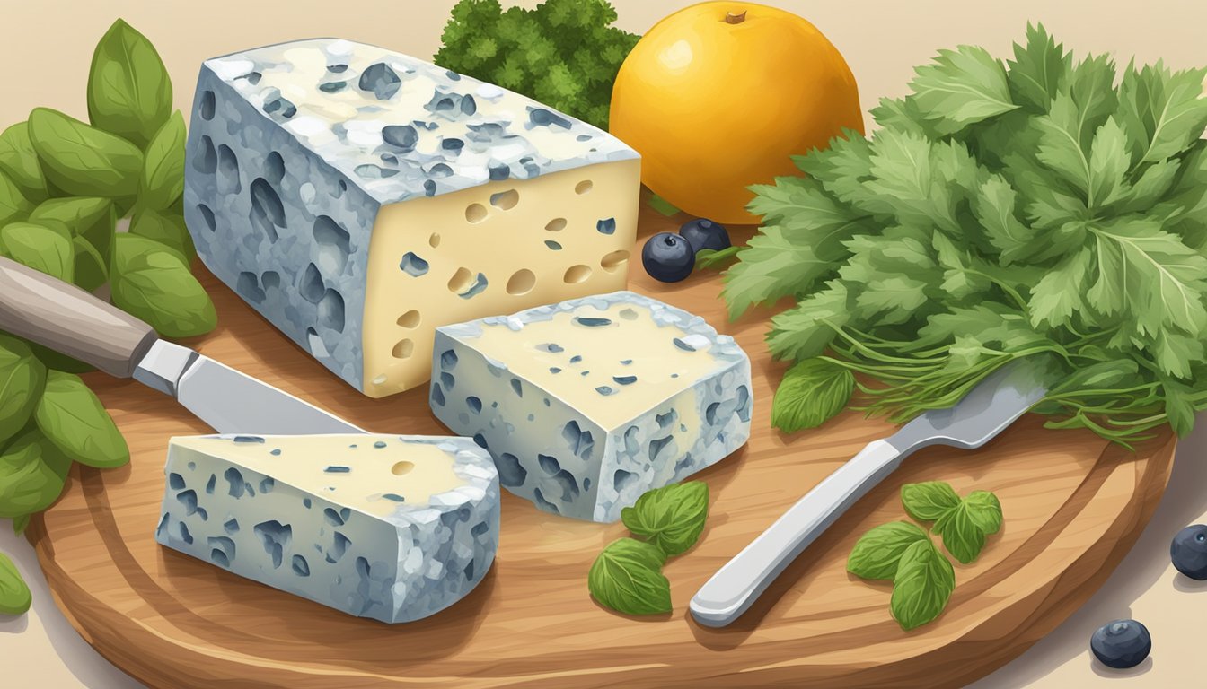 A variety of blue cheese substitutes arranged on a wooden cutting board with fresh herbs and fruit