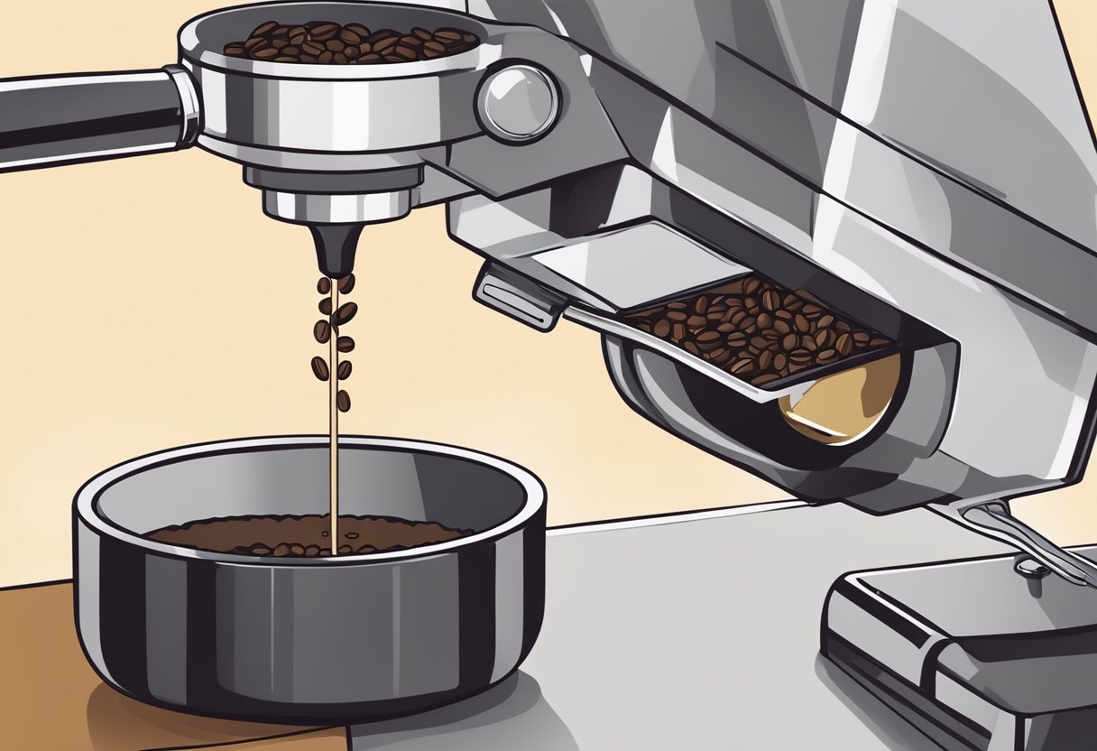 Freshly ground coffee beans being carefully measured and tamped into a portafilter, before being locked into an espresso machine
