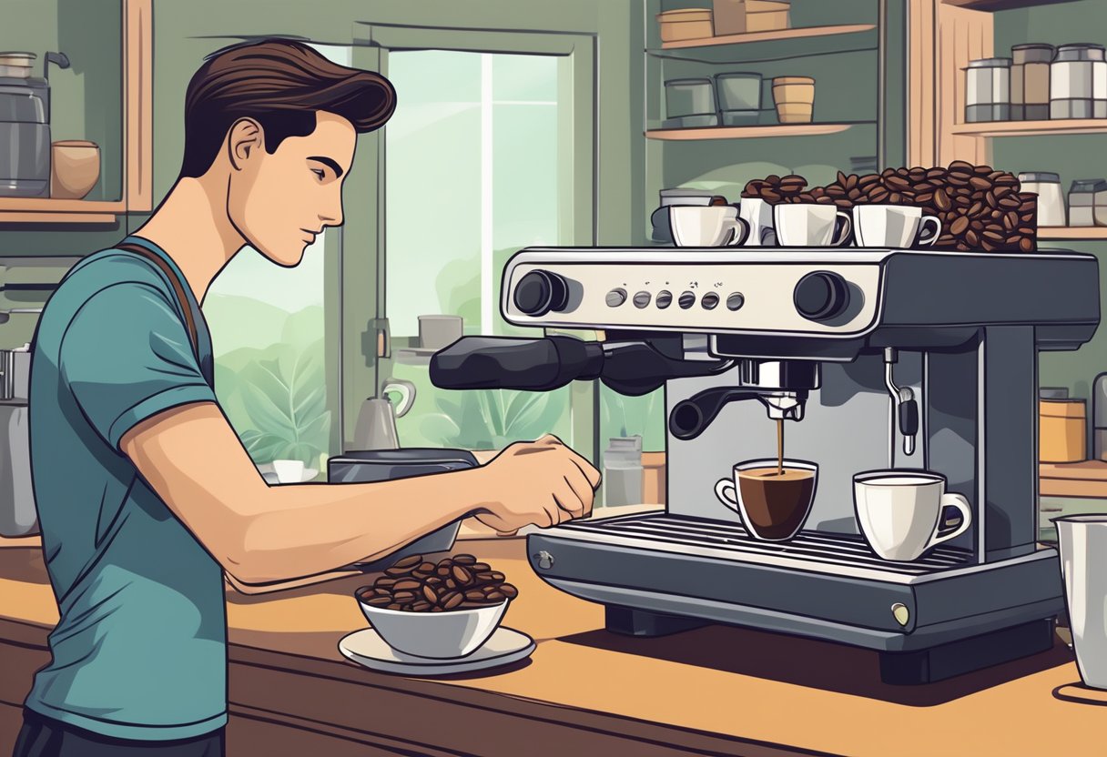 A person pouring coffee beans into an espresso machine, with a maintenance tool nearby