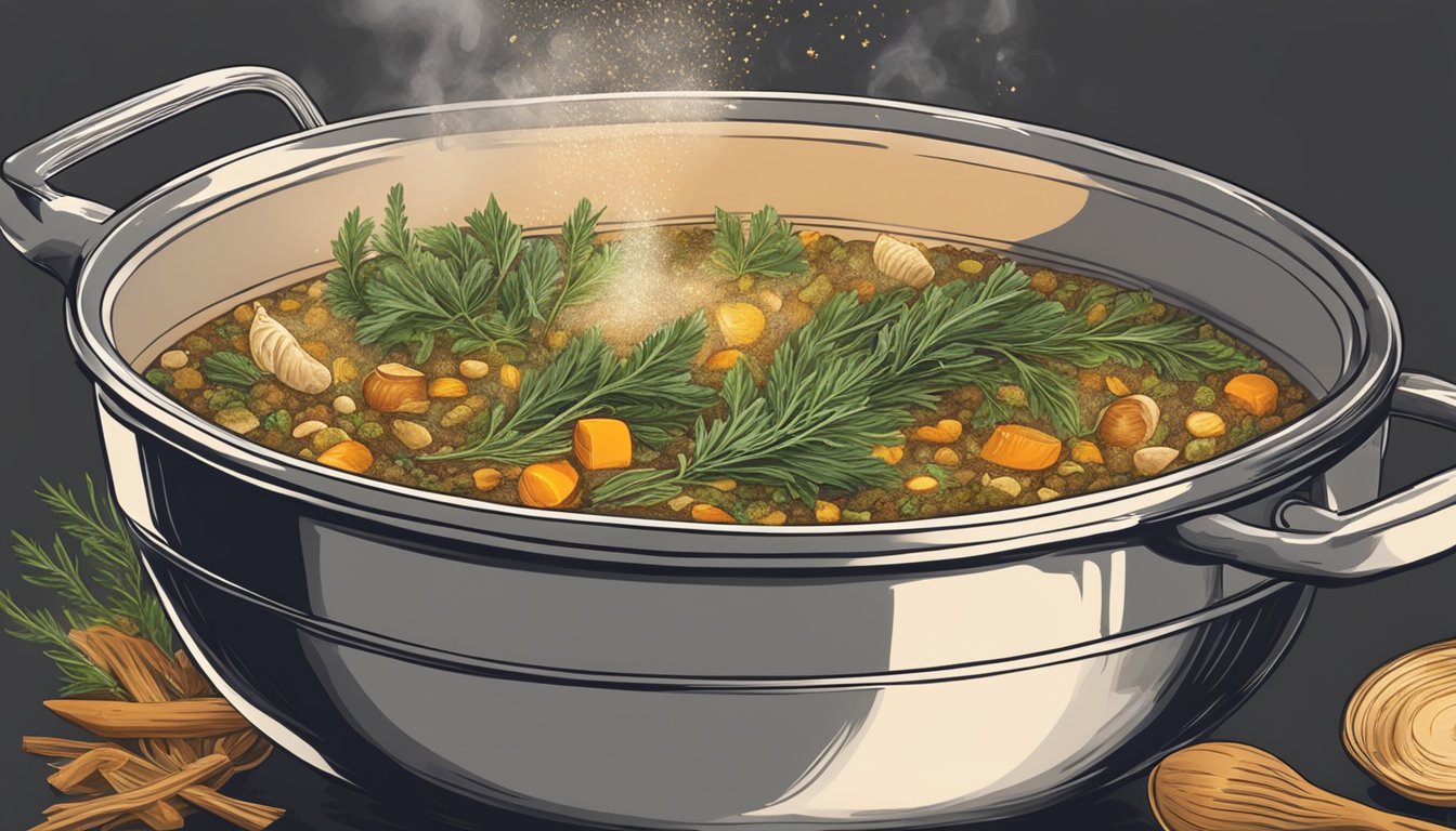 A chef's hand sprinkling dried herbs into a pot of simmering soup