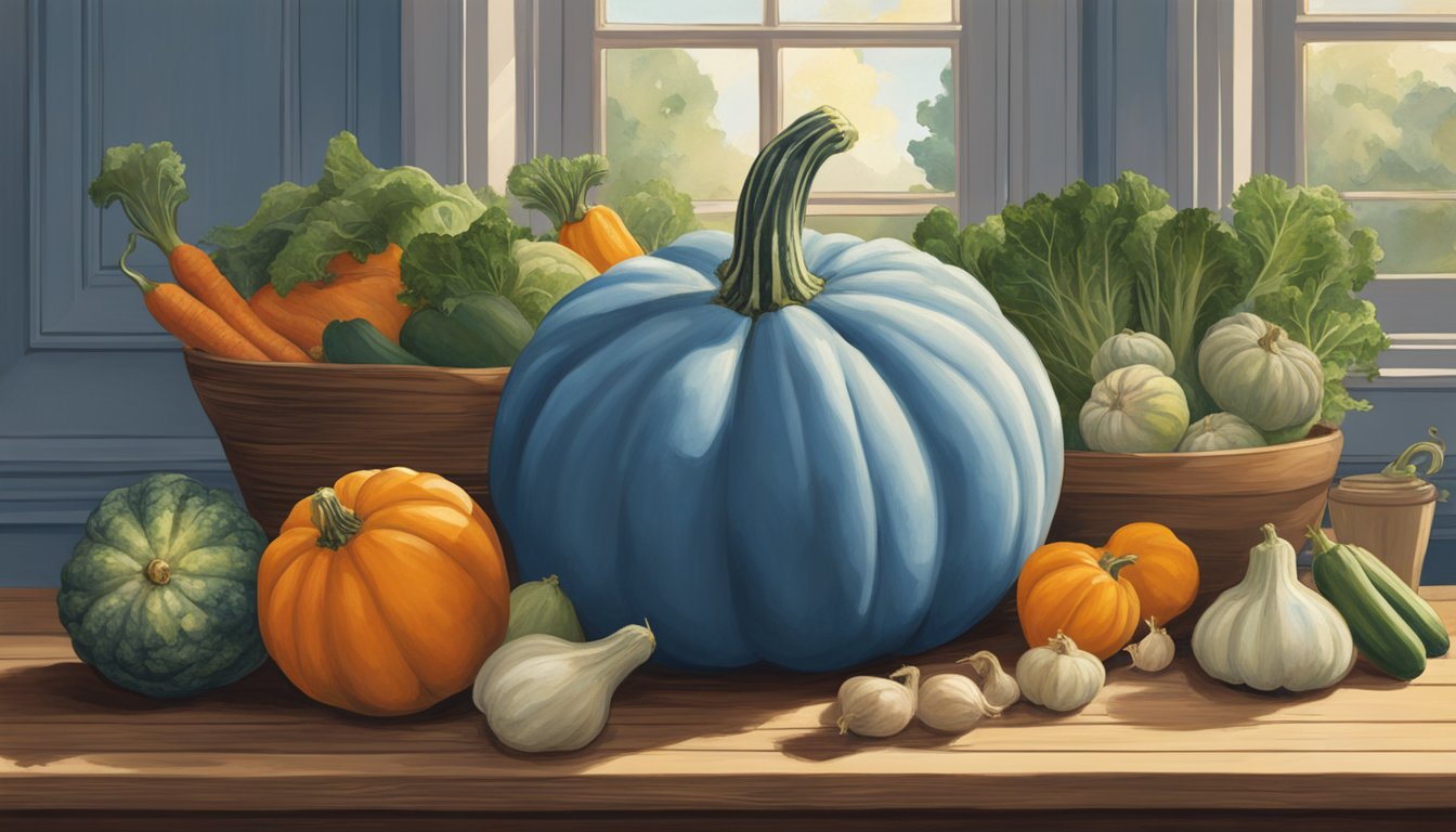 A blue Hubbard squash sits on a wooden table, surrounded by other vegetables. The light from a nearby window highlights its smooth, pale blue skin