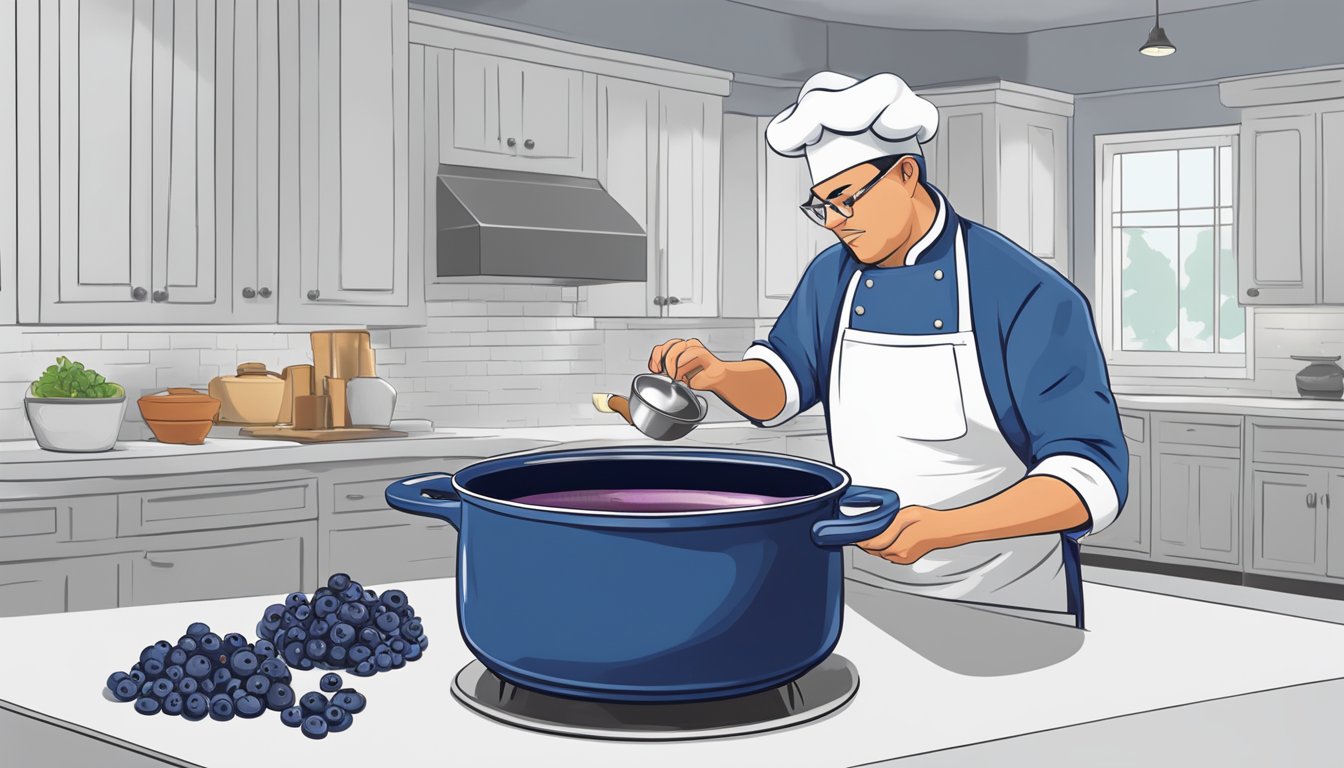 A chef stirring a pot of bubbling blueberry compote on a stovetop. A bowl of fresh blueberries sits nearby, ready to be added to the mix