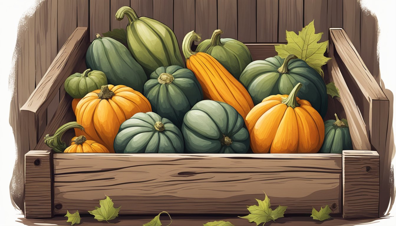 A variety of winter squashes, including butternut, acorn, and kabocha, arranged in a rustic wooden crate