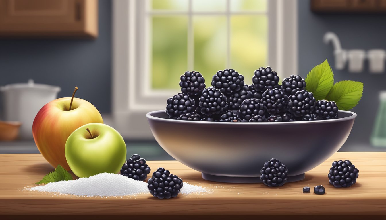 A bowl of ripe blackberries and a small dish of diced apples sit next to a pile of flour and sugar on a wooden kitchen counter