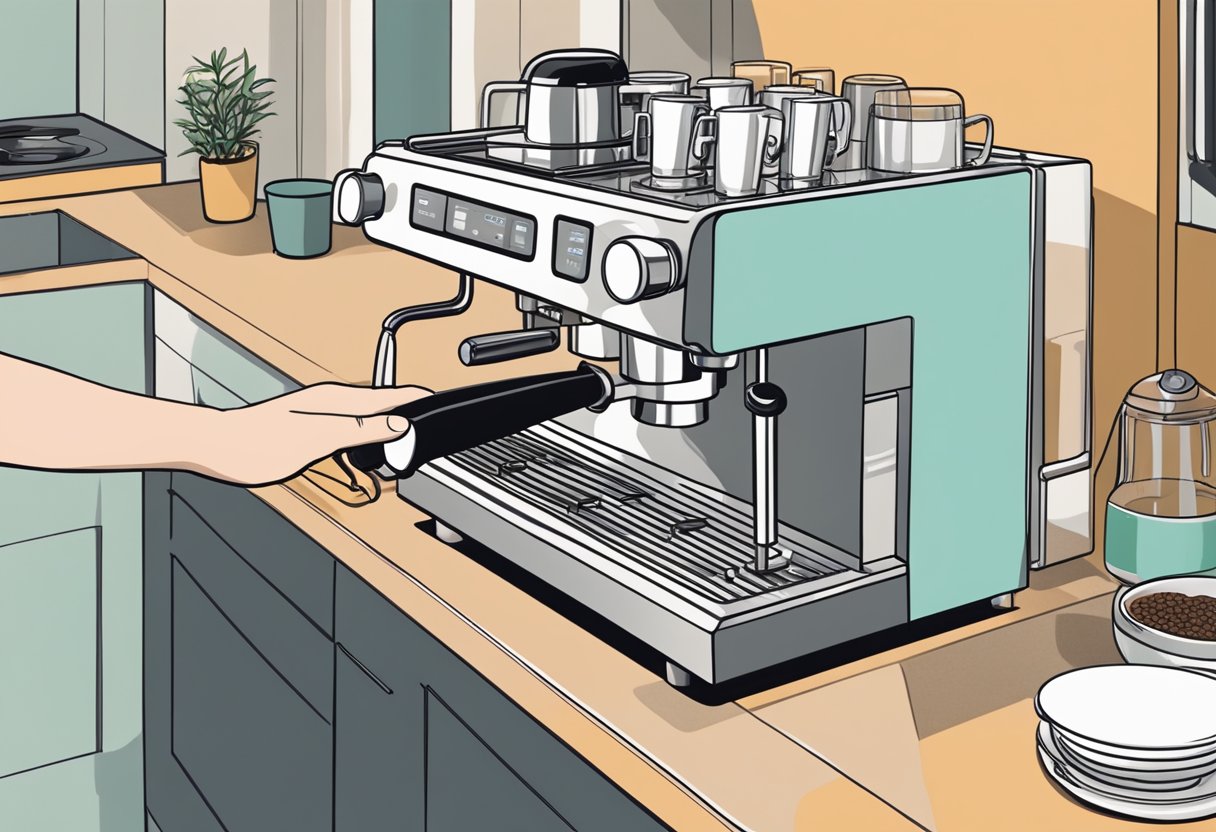 An espresso machine sits on a clean, modern kitchen counter. A person's hand reaches for the machine's dials and buttons