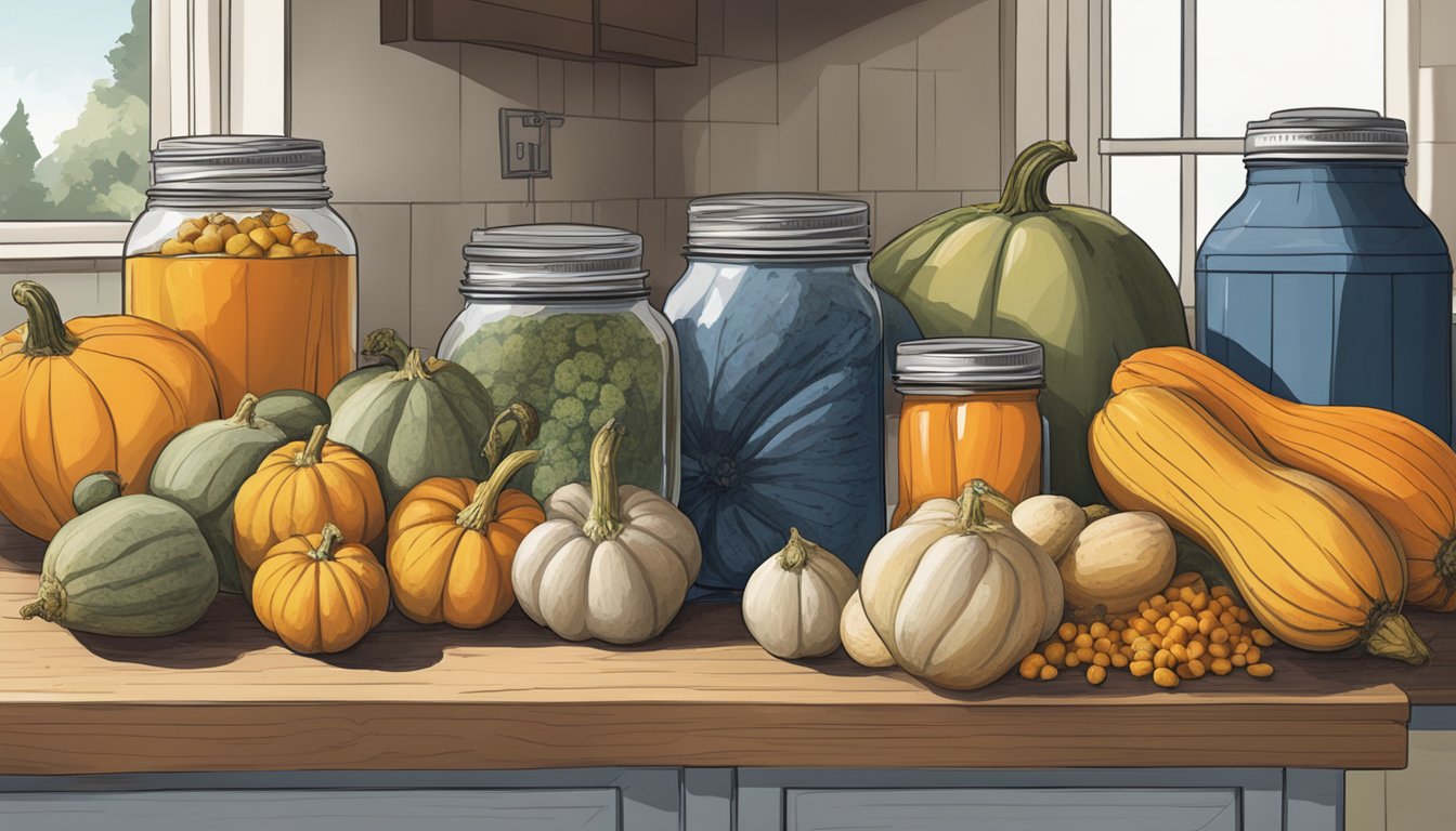 A kitchen counter with various types of winter squash, including blue hubbard, butternut, and acorn, alongside a basket of root vegetables and a shelf of mason jars for storage