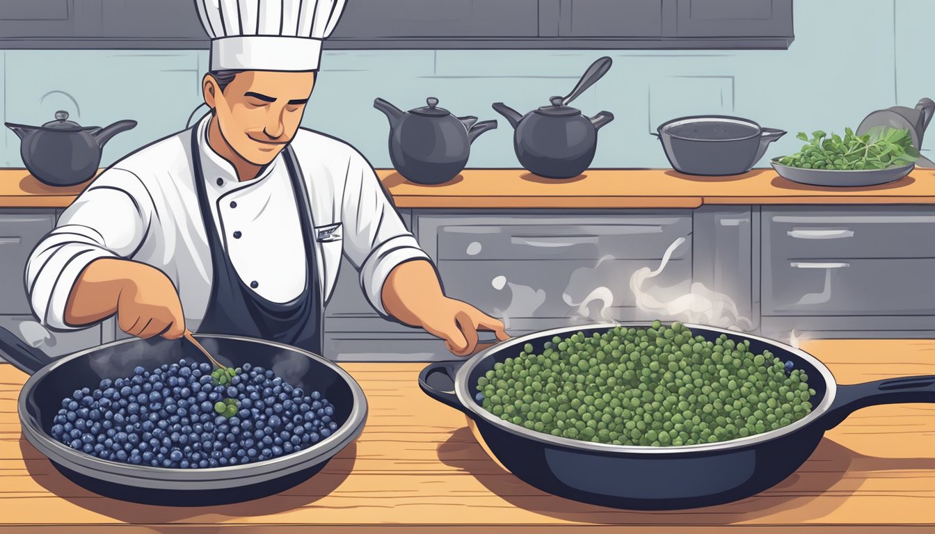 A chef adding fresh blueberries to a sizzling skillet of savory ingredients, considering alternative berries for the dish