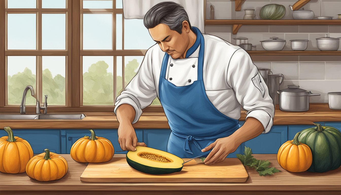 A chef slicing blue hubbard squash on a wooden cutting board