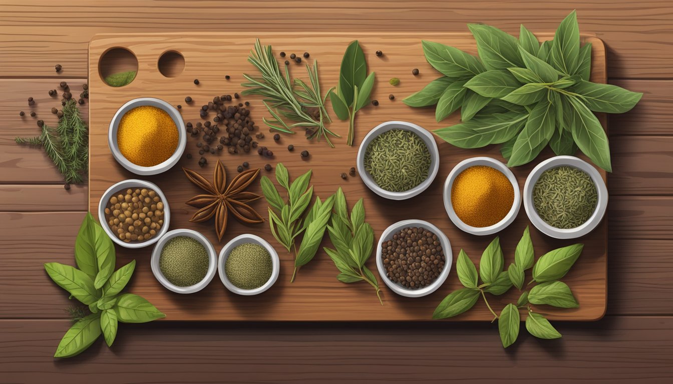 A small bowl of dried herbs and spices, including thyme, bay leaf, and peppercorns, arranged neatly on a wooden cutting board