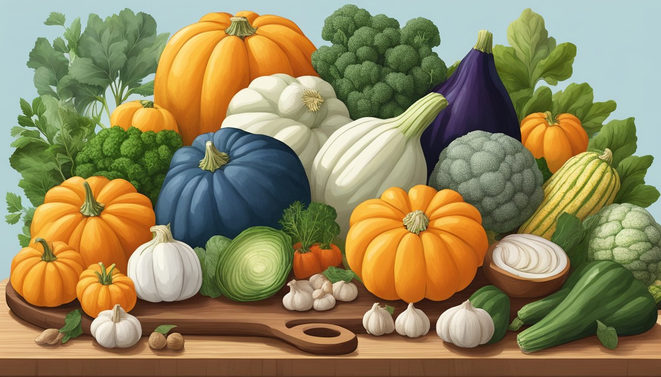 A colorful array of blue hubbard squash and various alternative vegetables arranged on a wooden cutting board, surrounded by fresh herbs and spices