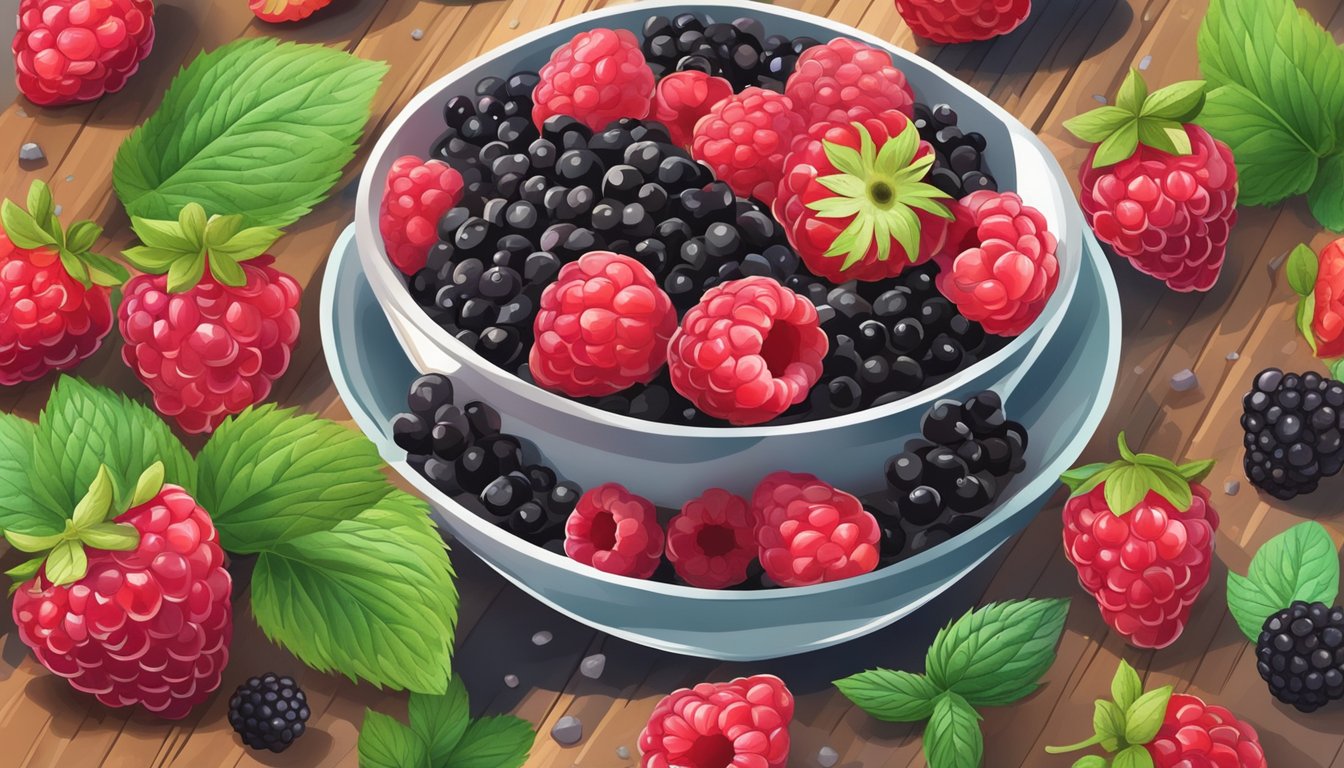 A bowl of mixed raspberries, blackberries, and strawberries arranged on a wooden cutting board, surrounded by fresh mint leaves and a scattering of chia seeds