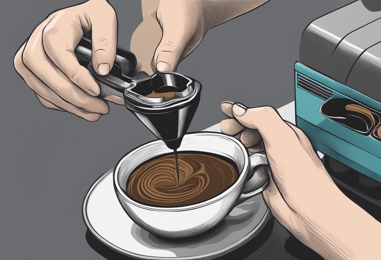 A hand placing coffee grounds into the portafilter, then tamping them down with a tamper