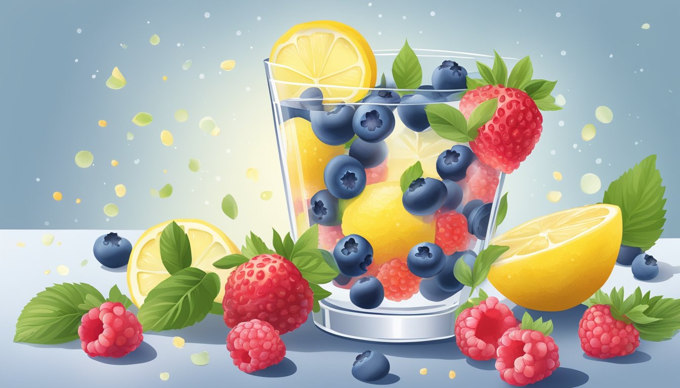 A glass of lemonade with blueberries, strawberries, and raspberries floating in it, surrounded by fresh fruit and a scattering of colorful berry leaves