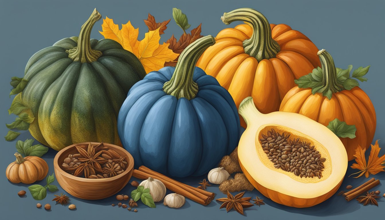 A variety of colorful and aromatic spices surround a vibrant blue hubbard squash, ready to be used as flavor enhancements and substitutes in cooking