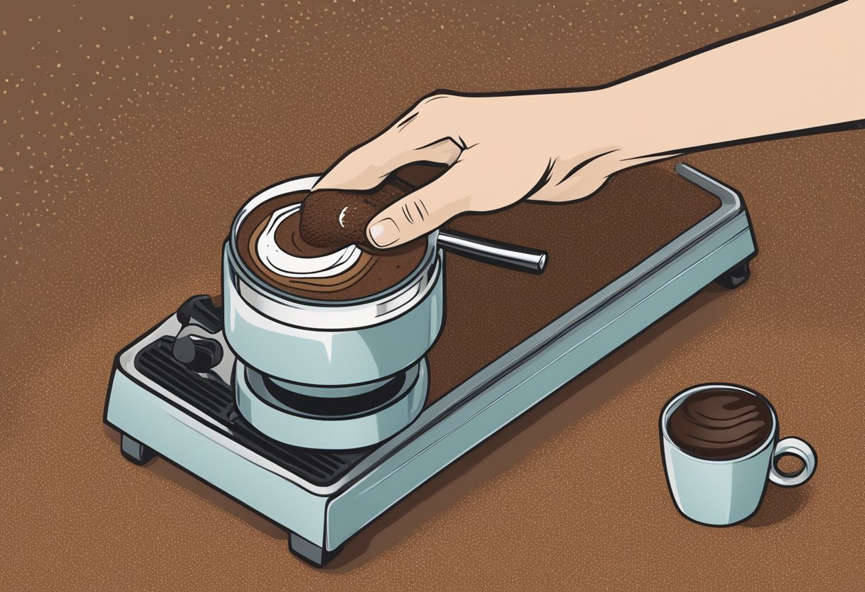 A hand holding a tamper presses down on a mound of ground coffee in the portafilter of a Breville espresso machine