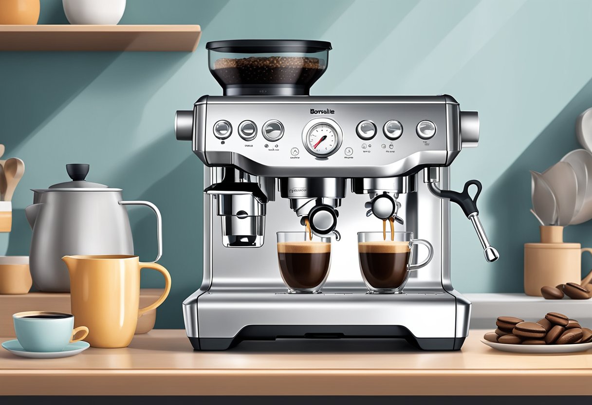 A Breville espresso machine sits on a clean countertop, steam rising from the spout as a rich, dark espresso brews into a small ceramic cup