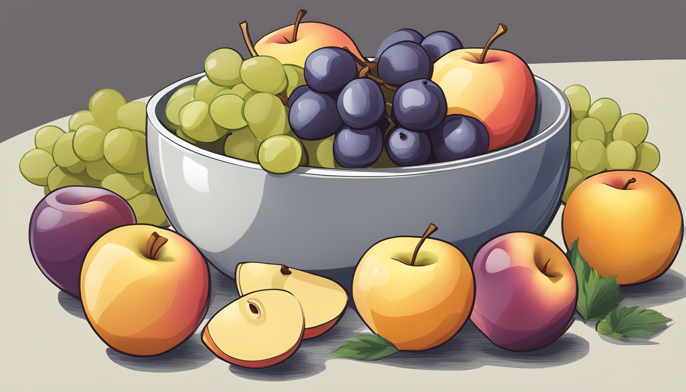 A bowl of mixed non-berry fruits, including sliced apples, sliced peaches, and halved grapes