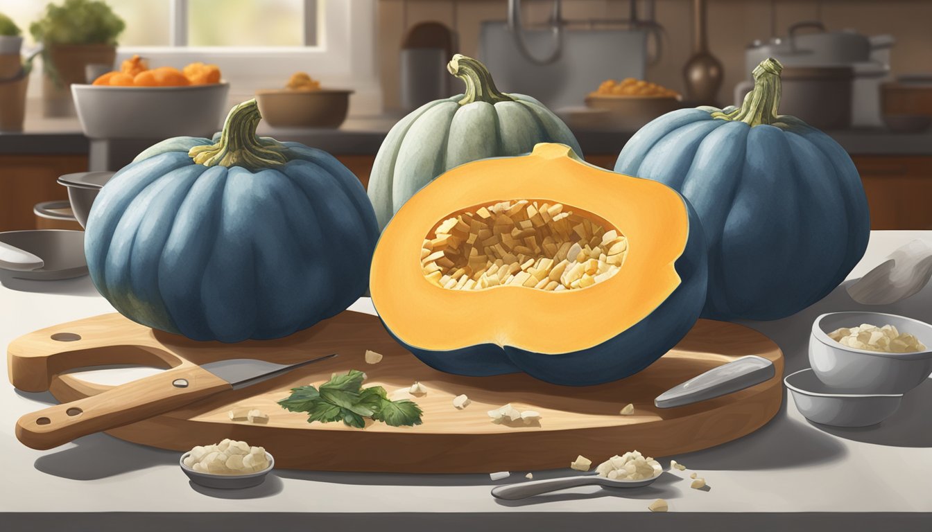 A blue hubbard squash being sliced and diced, with various cooking utensils and ingredients surrounding it on a kitchen counter