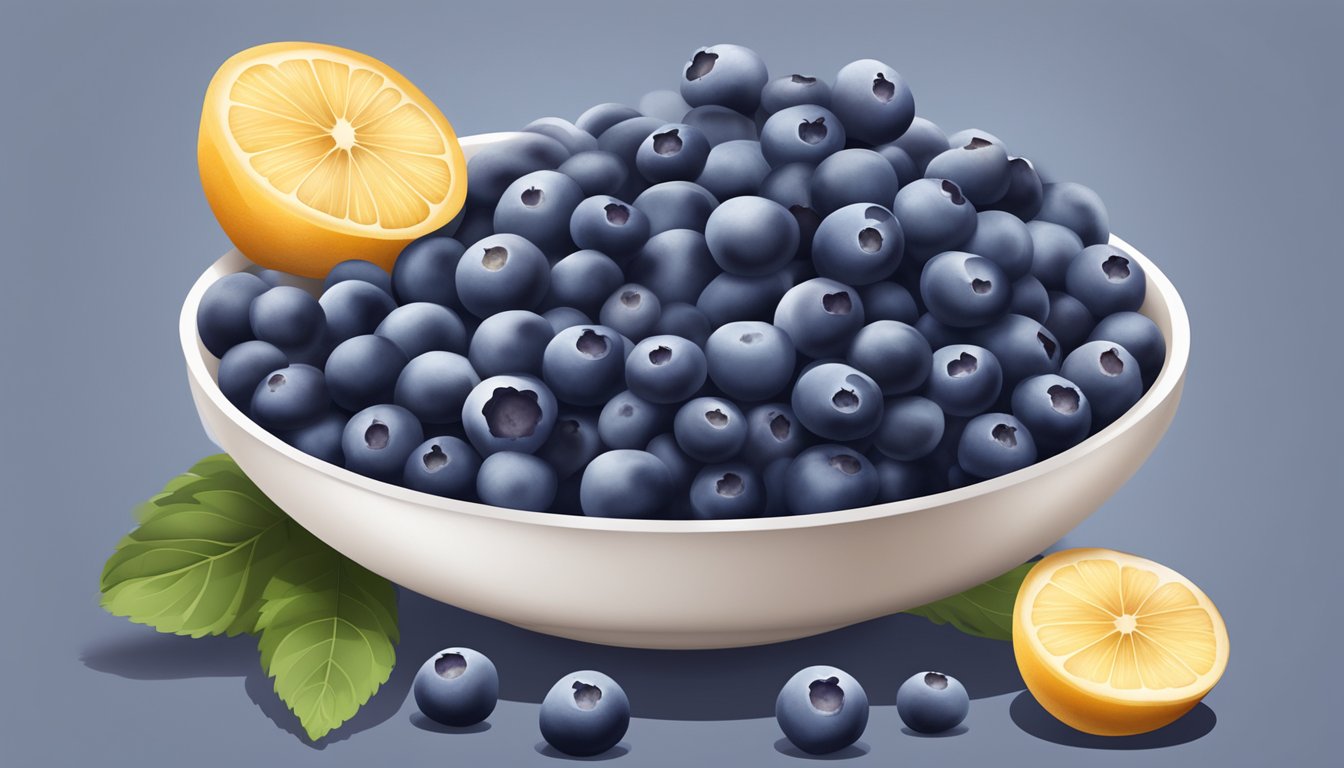 A bowl of frozen blueberries sits next to fresh fruit, ready to be used as a healthy alternative in a smoothie or dessert recipe