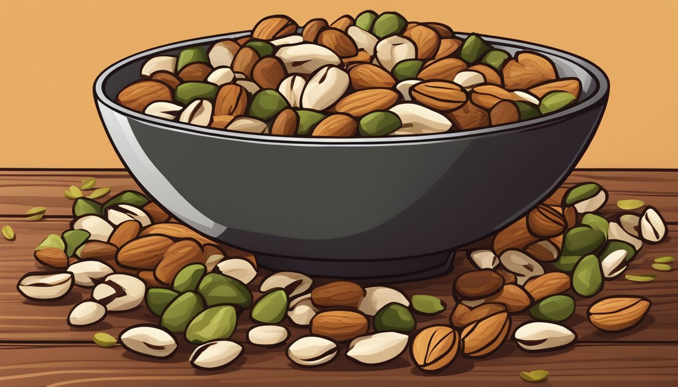 A bowl of mixed nuts and seeds, with a scattering of dried cranberries and pumpkin seeds, sits on a wooden table