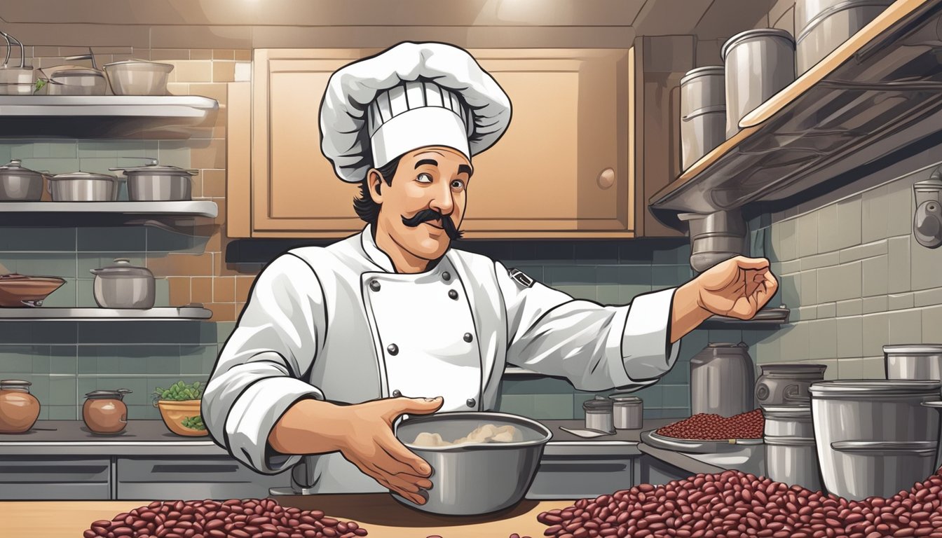 A chef reaching for a can of kidney beans as a substitute for borlotti beans in a bustling kitchen