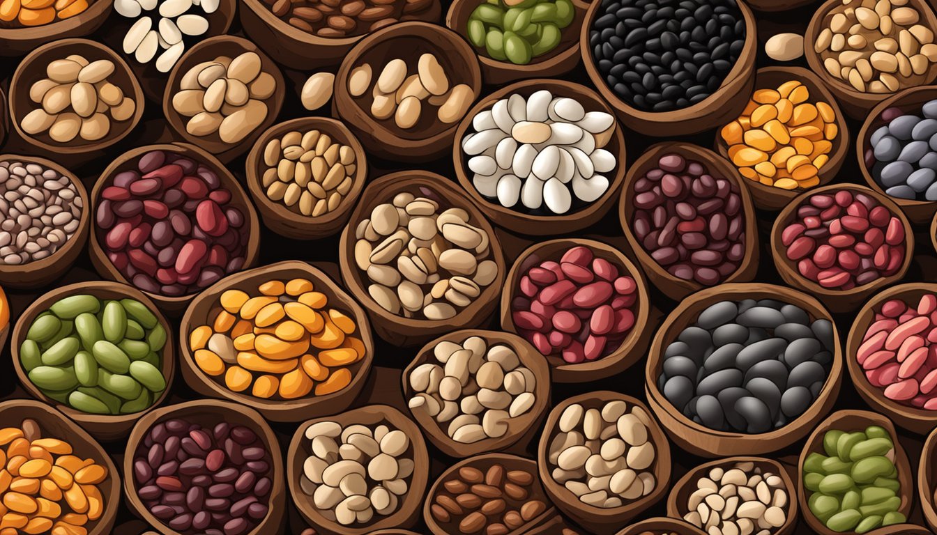 A colorful assortment of beans, including kidney beans, pinto beans, and black-eyed peas, arranged in a rustic wooden bowl