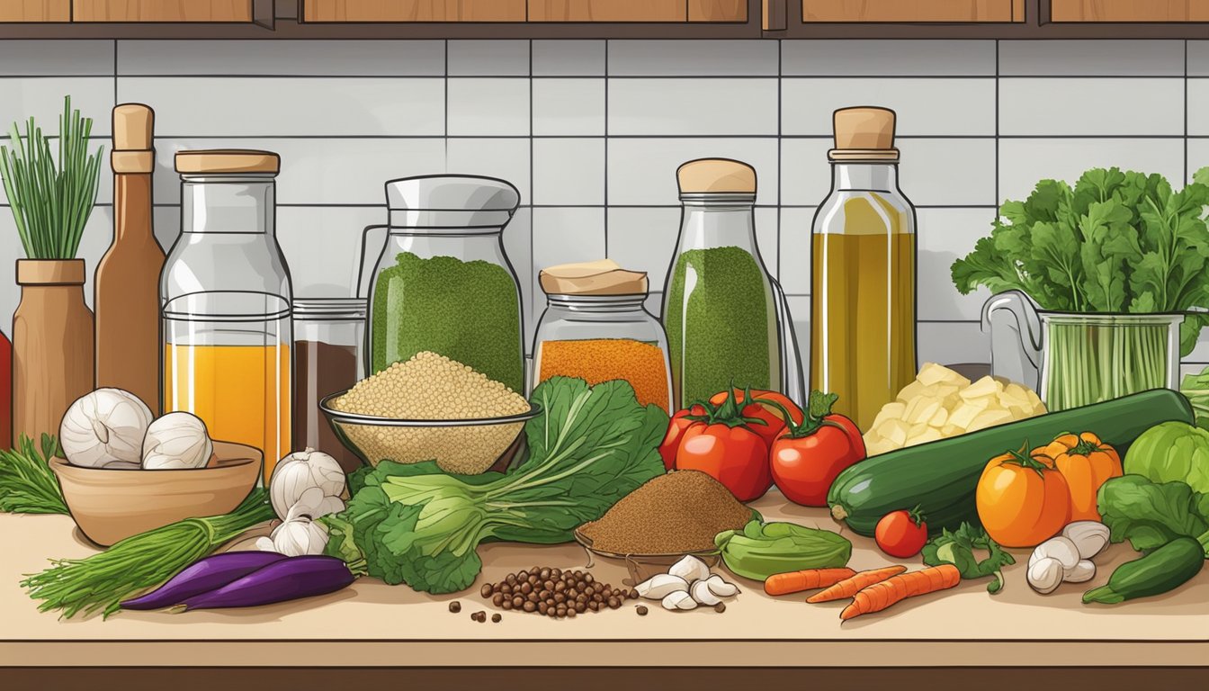 A variety of ingredients such as vegetables, herbs, and spices are arranged on a kitchen counter, ready to be used as primary substitutes for bouillon cubes