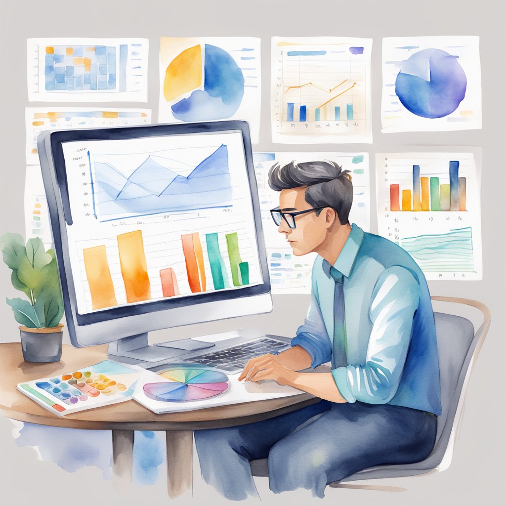 A solopreneur analyzing charts and graphs on a laptop, surrounded by notebooks and a whiteboard filled with data-driven content ideas