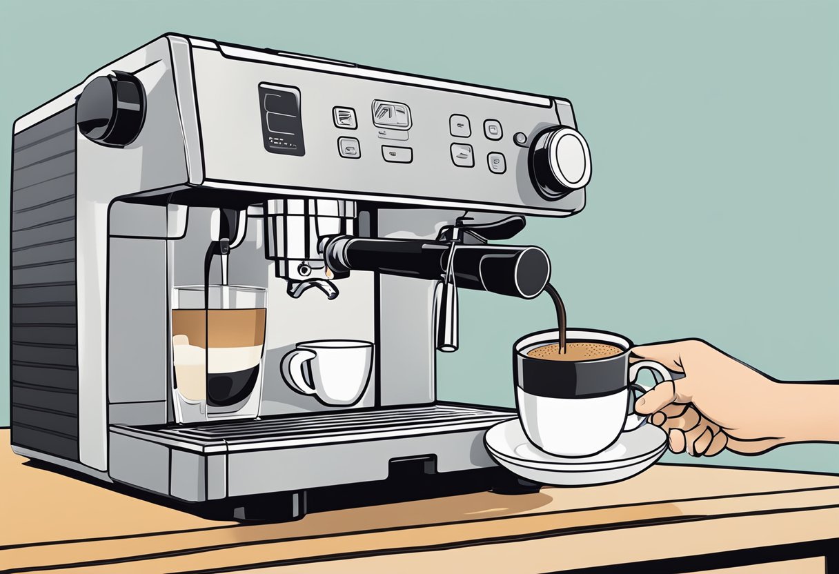 A hand placing a coffee cup under the Delonghi espresso machine's spout as it dispenses freshly brewed espresso into the cup