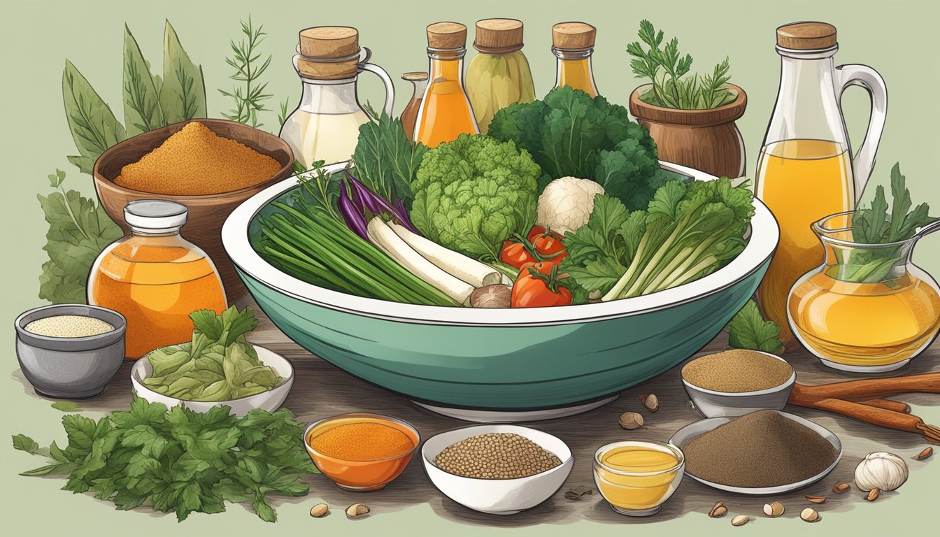 A variety of ingredients such as vegetables, herbs, and spices arranged around a bowl of specialty broth and stock alternatives