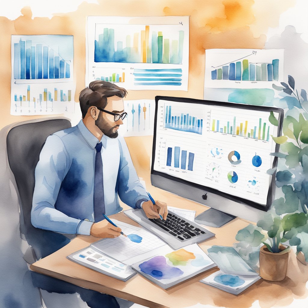 A solopreneur analyzing charts and graphs on a computer, surrounded by notebooks and pens, brainstorming ideas for data-driven content creation