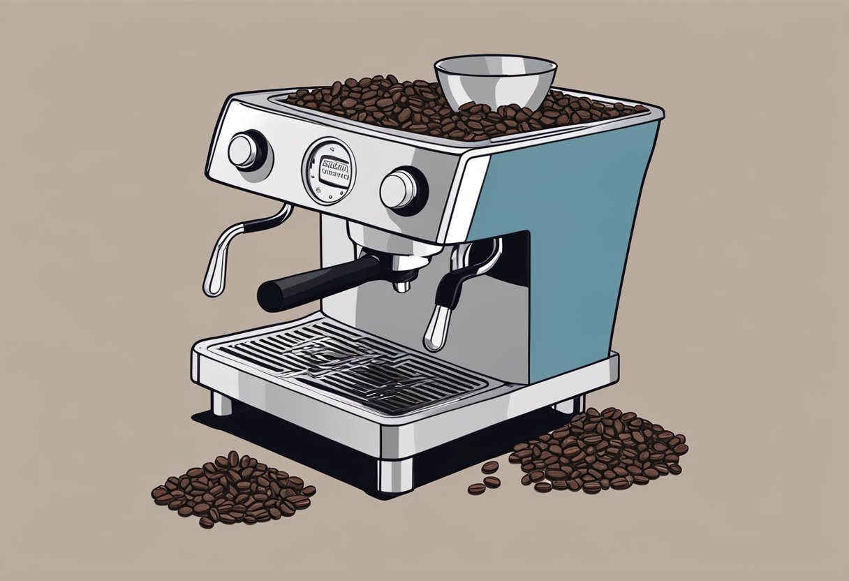 A hand is grinding coffee beans and tamping the grounds into a portafilter using a Delonghi espresso machine